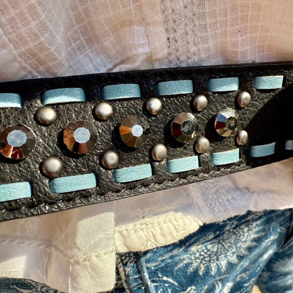 Black & Blue Leather Western Belt w/ Black Crystals - Picture 9 of 9